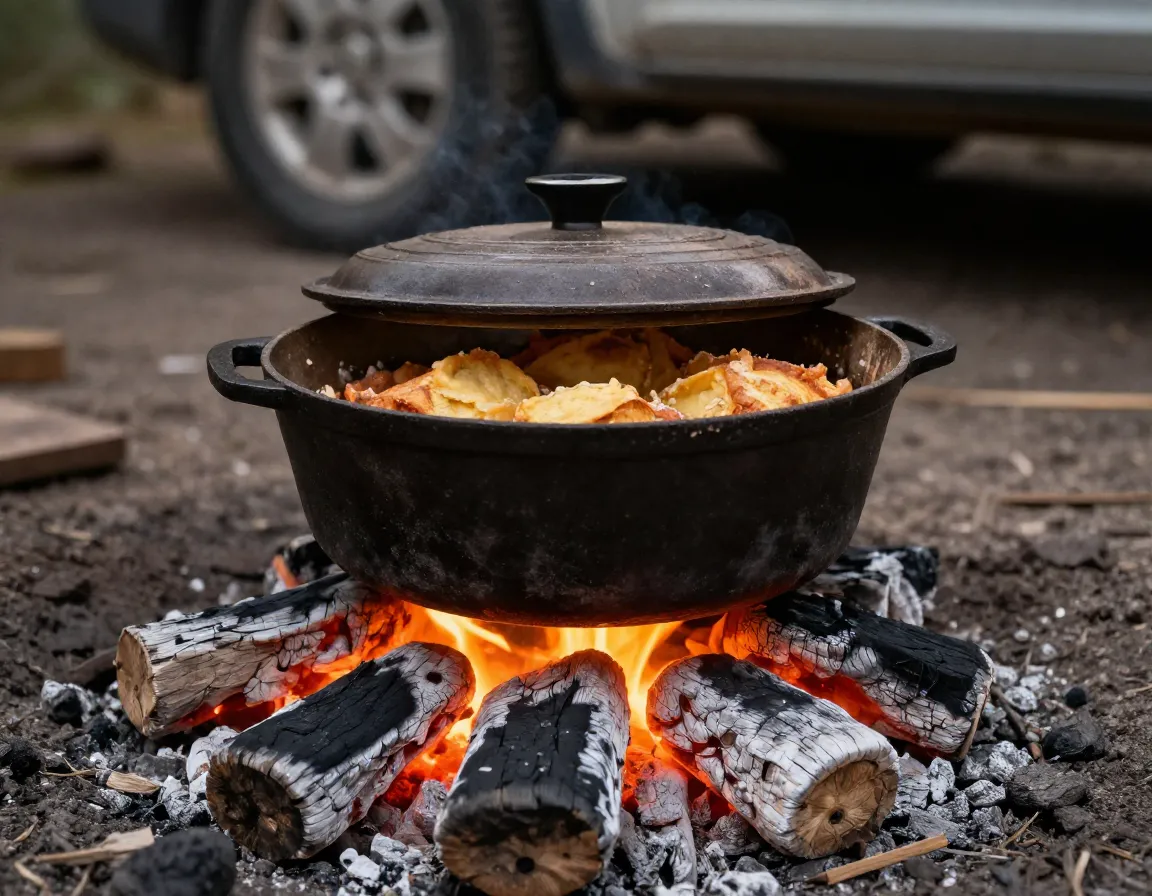 Cast iron dutch oven baking cobblers over charcoal briquettes