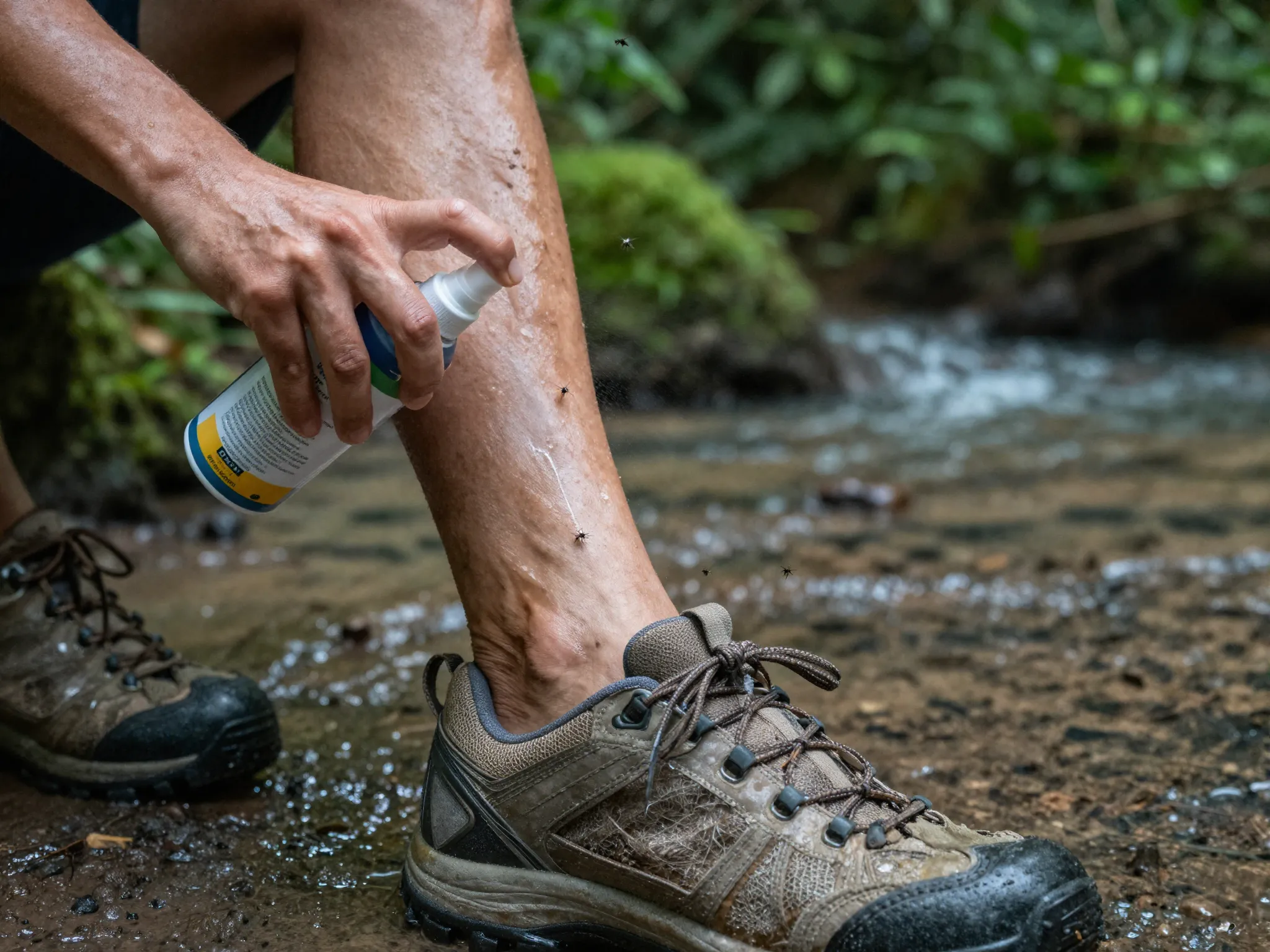 Deet insect repellent spray on skin near rainforest stream