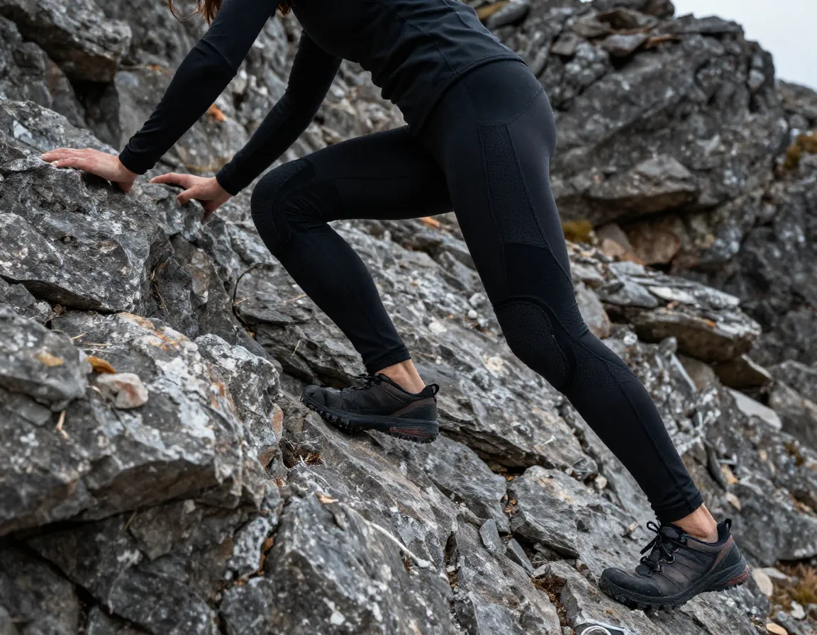 Reinforced knee hiking tights on woman scrambling on rocks