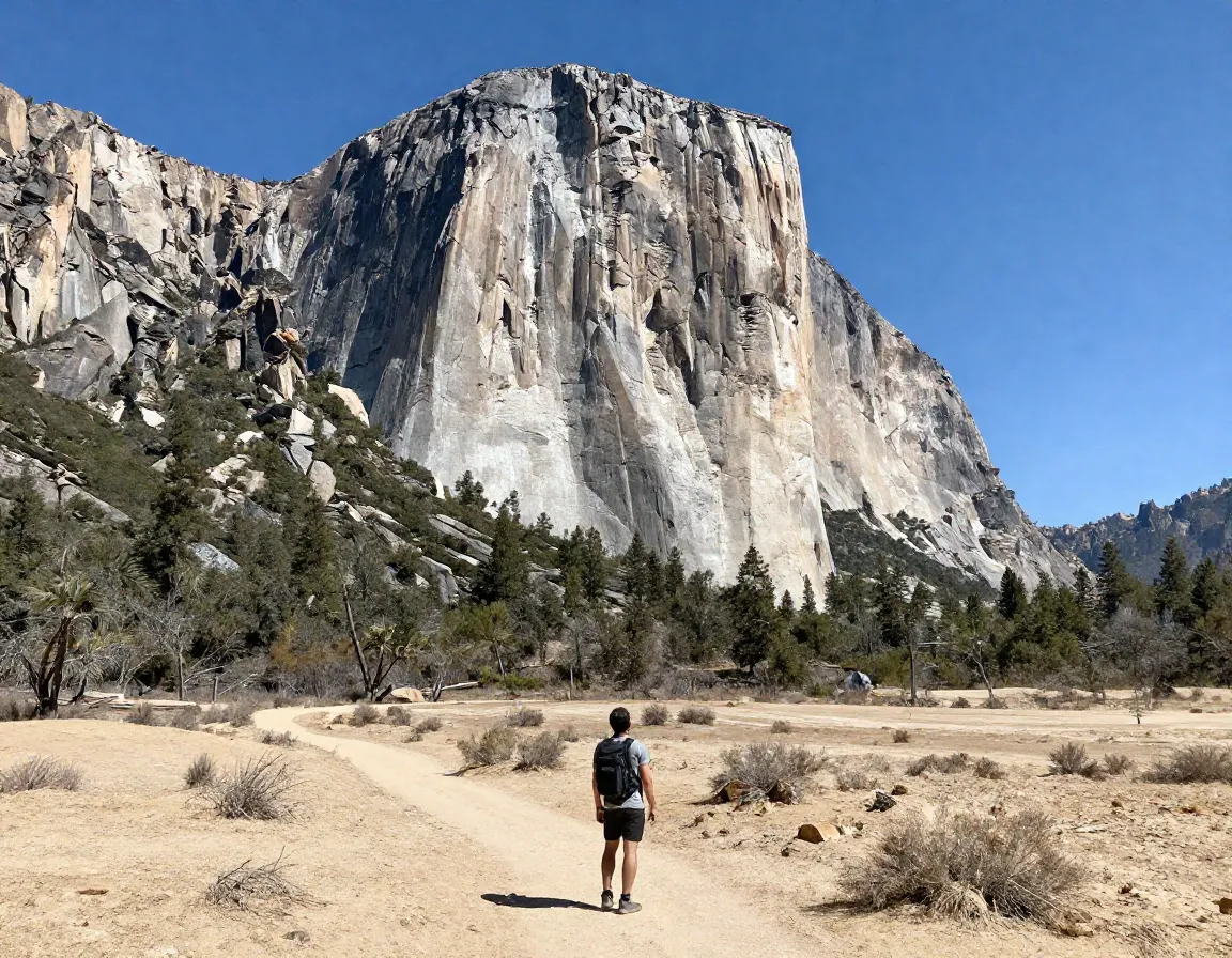 El capitan trail hiker viewing limestone cliff desert perspective