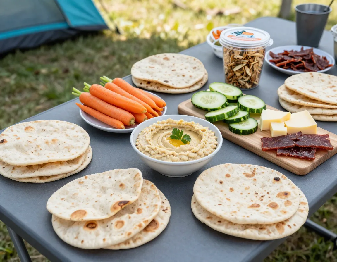 No cook meal hummus pita veggies on camping table