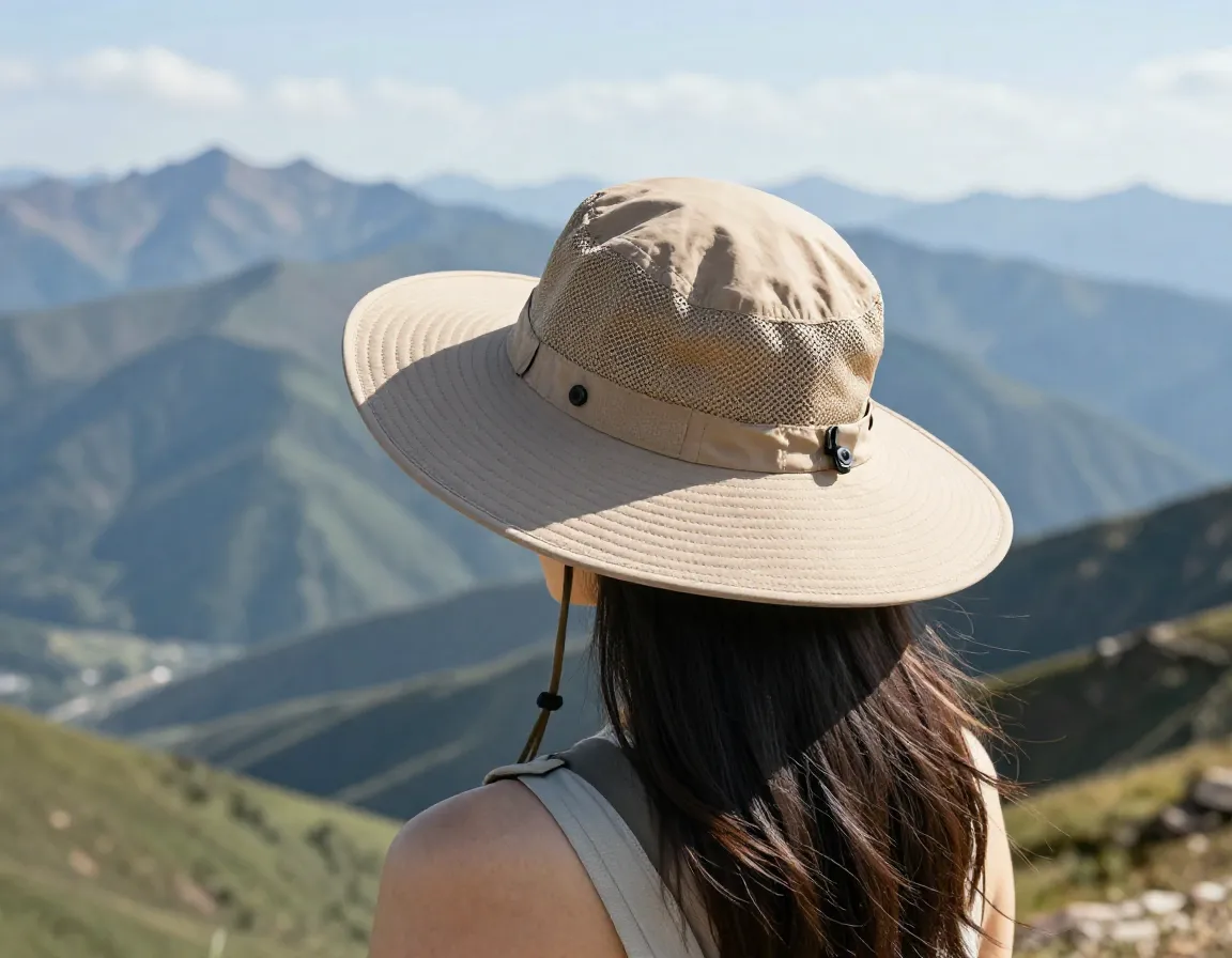 Wide brimmed mesh sun hat with chin strap in mountain landscape