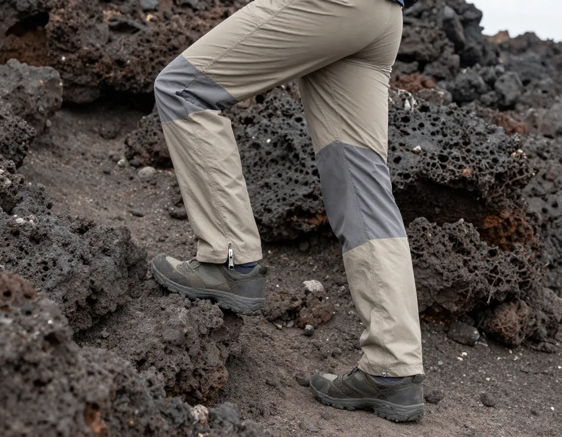 Nylon convertible hiking pants on trail with volcanic rock