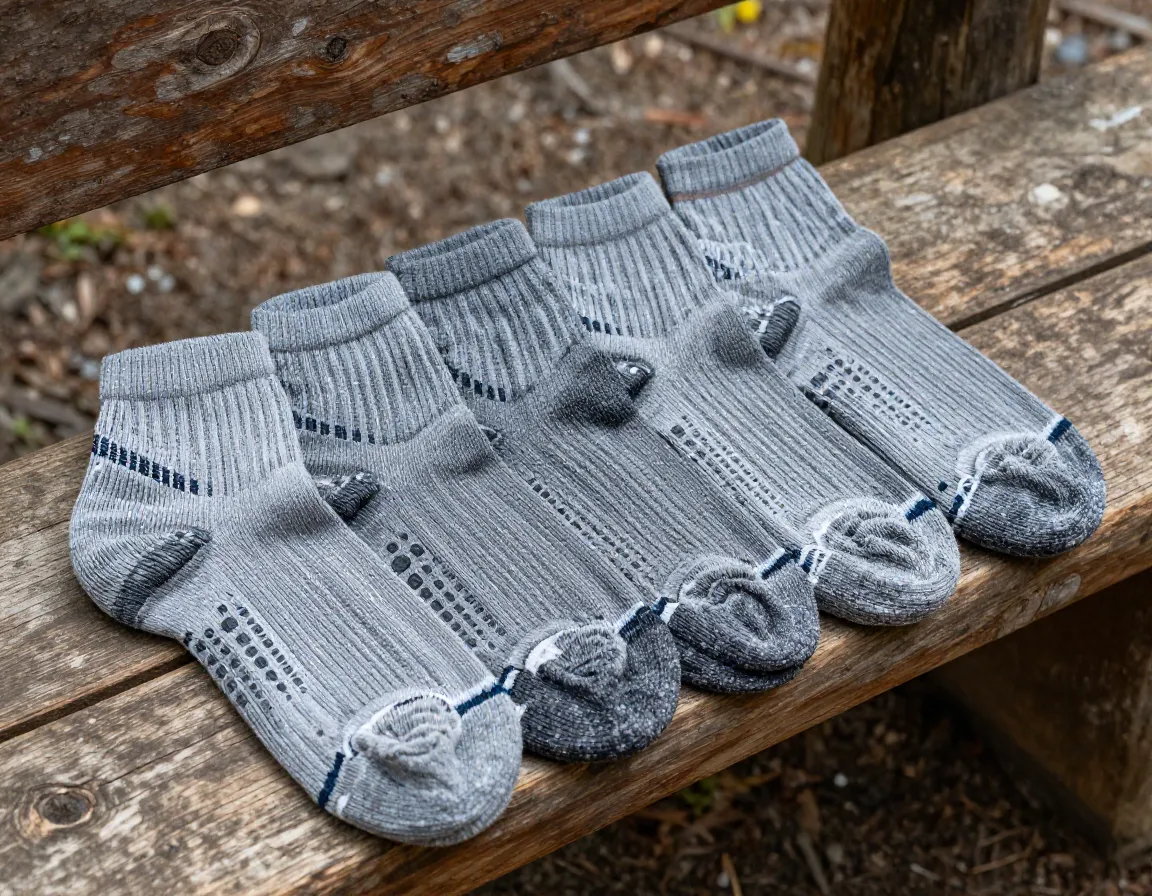 Technical hiking socks with targeted cushioning on a log bench