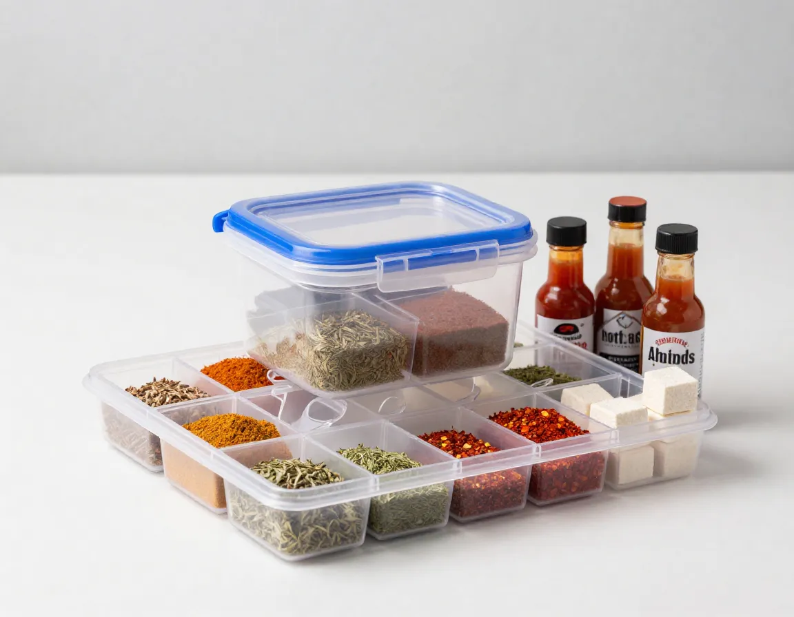 Waterproof container with pre mixed spice blends organized