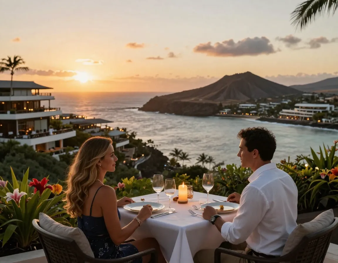 Couple sunset dinner romantic gulf of papagayo coastline resort