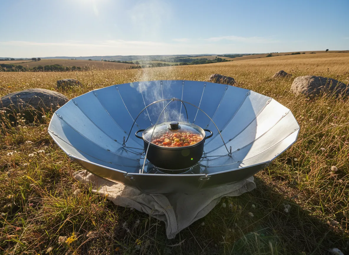 Solar cooker focusing sunlight on dark pot in sunny field