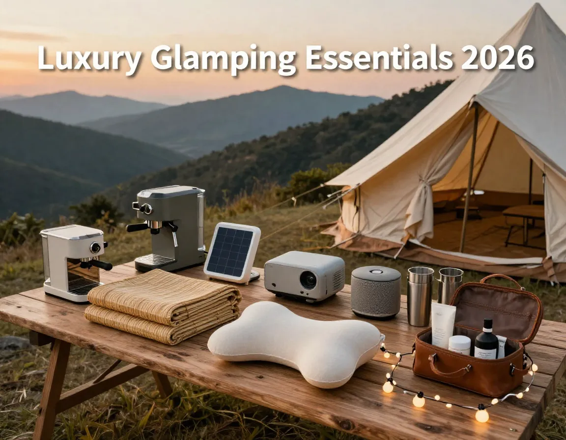 Luxury glamping essentials aerial view tent mountain scene