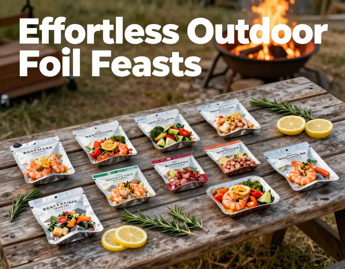 Nine foil packet camping meals rustic table topdown layout