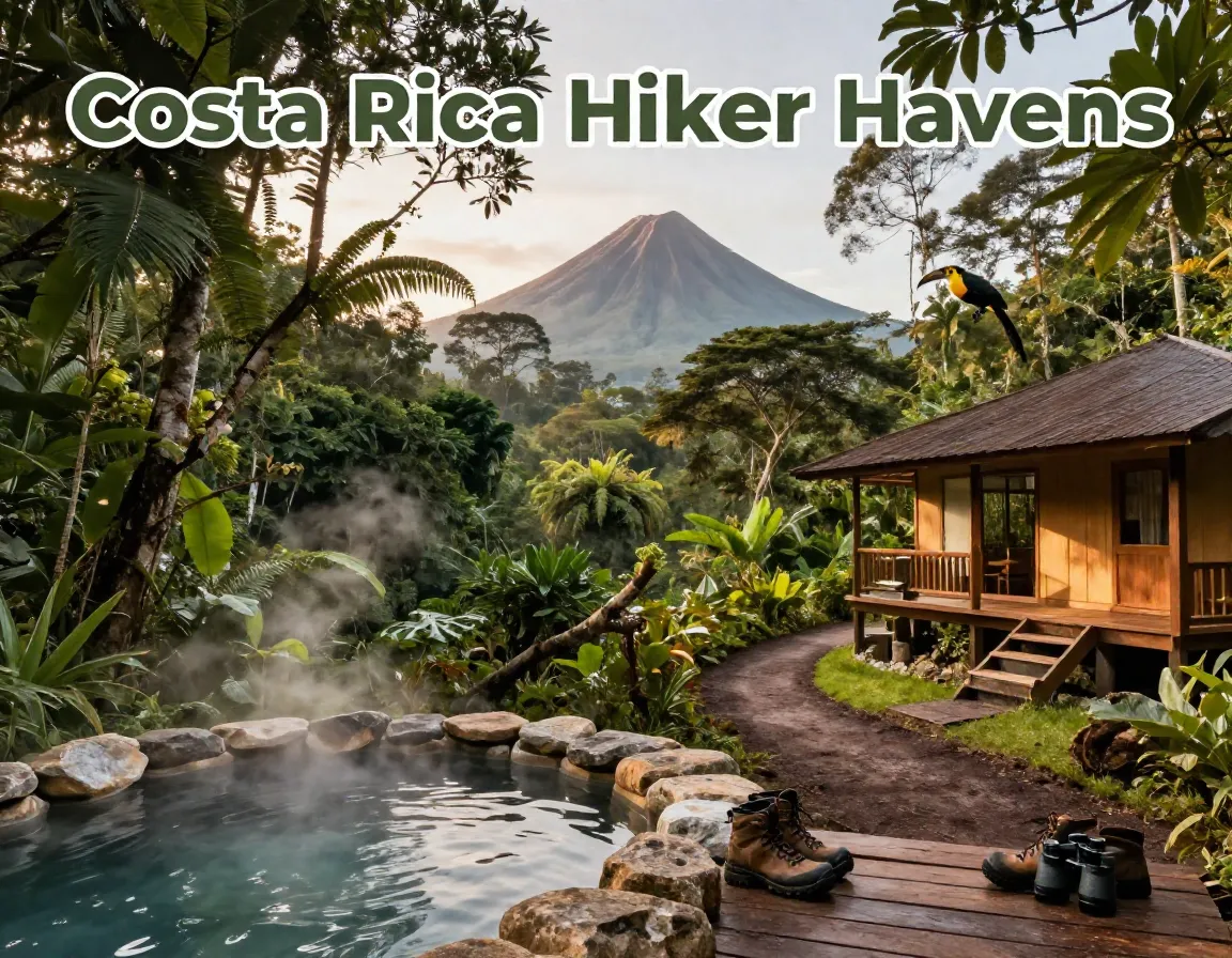 Winding jungle trail lodge hot springs volcanic mist toucan