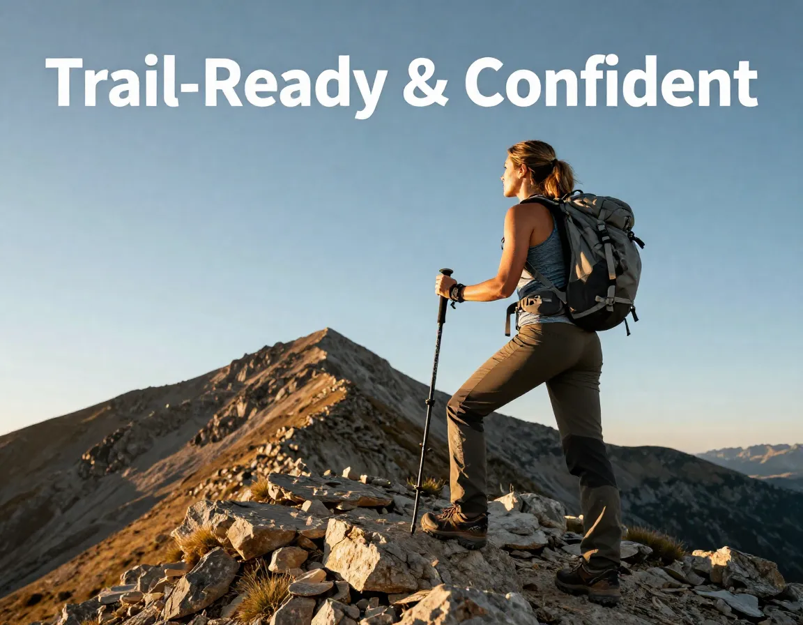 Woman hiker ferrosi pants golden hour ridge summit adventure