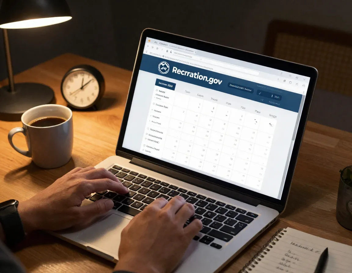 Person urgently booking campsite on laptop at night