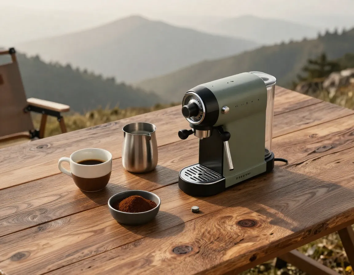 Premium portable espresso machine and frother on rustic wooden table