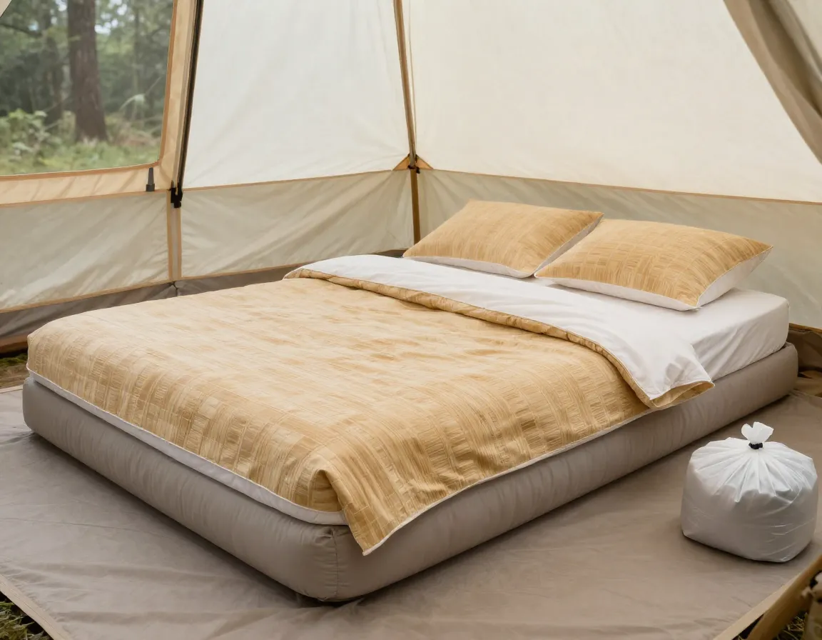 Bamboo travel bedding set on an air mattress in canvas tent