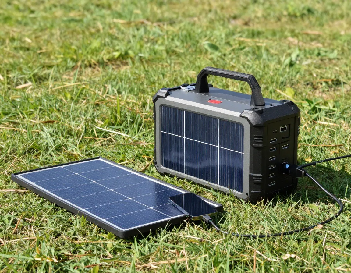 Solar charging station with panels on a grassy field