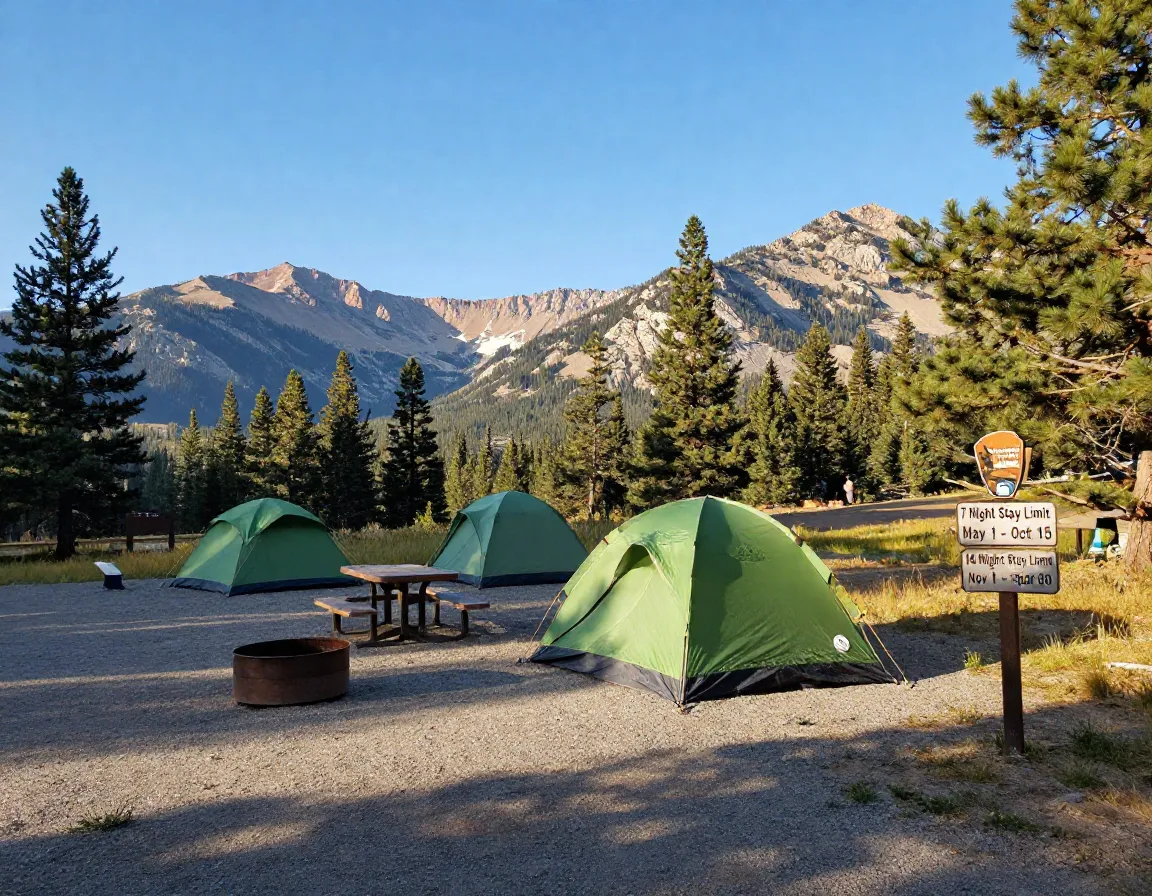 Tent at campsite with park stay limit signage