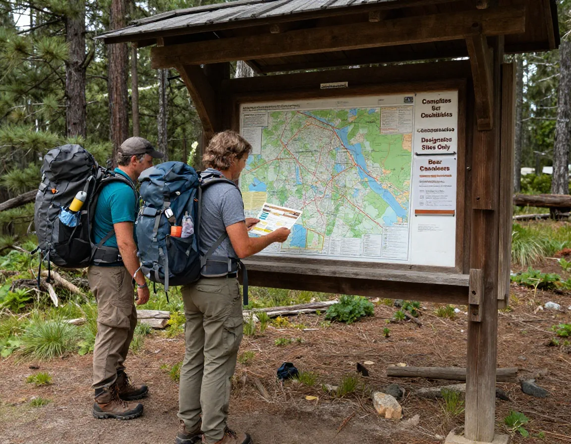 Backpacker with wilderness permit at trailhead kiosk