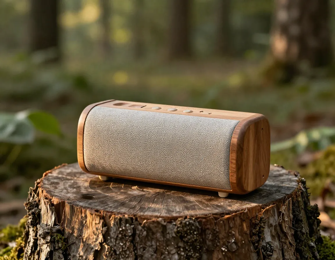 Fabric and wood portable bluetooth speaker on a tree stump
