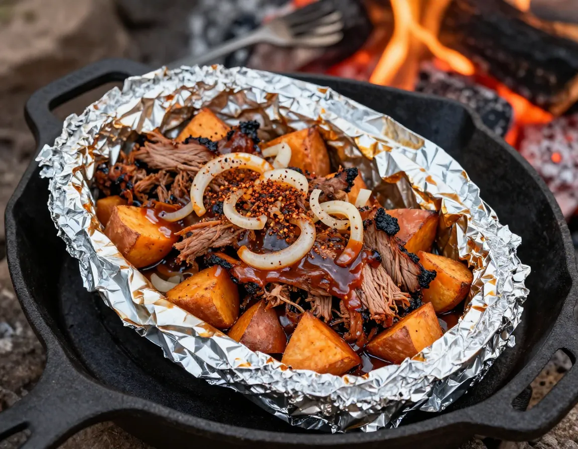 Bbq pulled pork sweet potato onion campfire foil packet meal