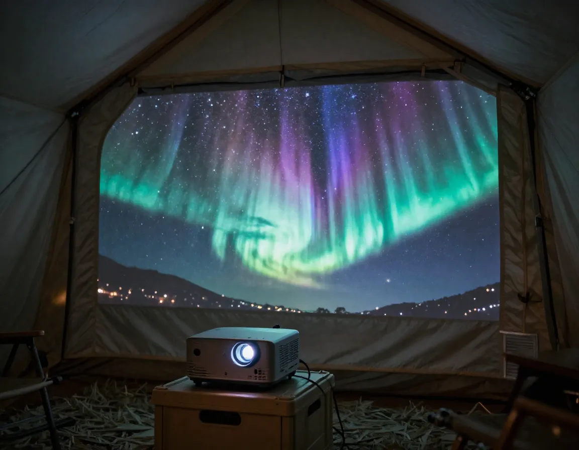 Compact projector projecting starfield onto a canvas tent wall
