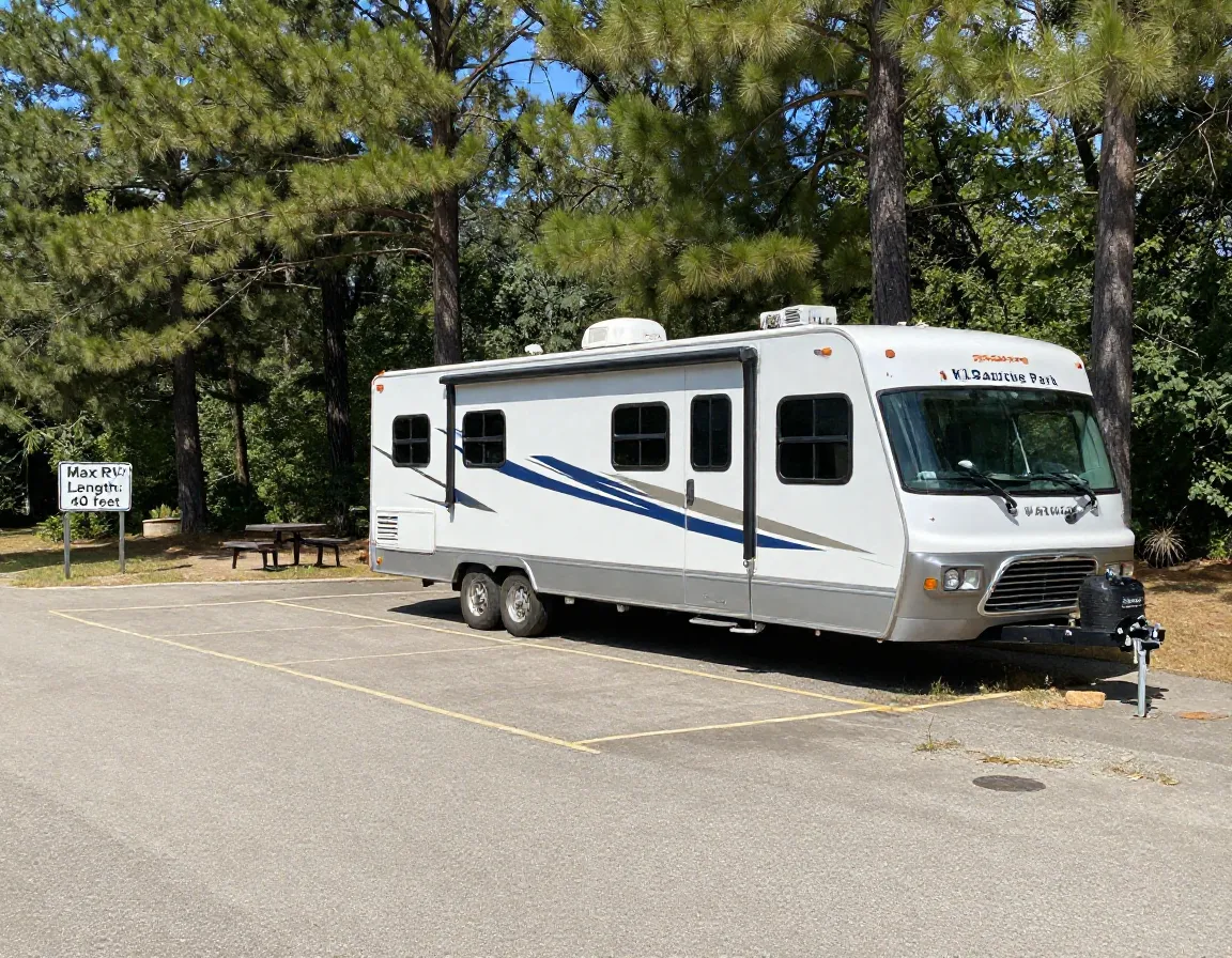 Large rv parked at campsite with size limit sign