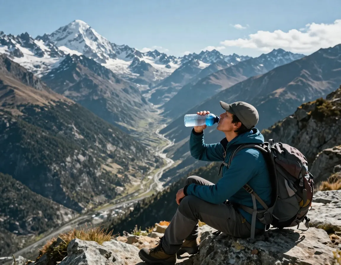 Hiker hydrating at high altitude mountain overlook
