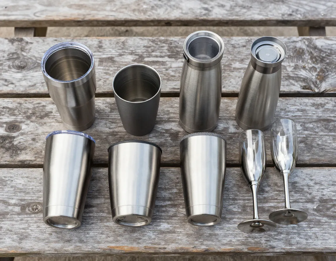 Matched set of insulated stainless steel drinkware on campsite table
