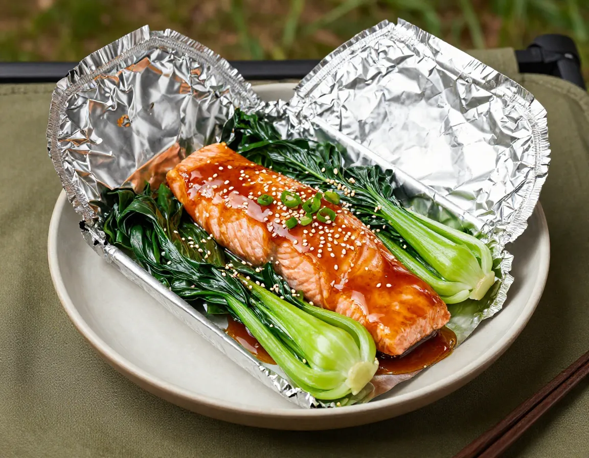 Teriyaki salmon bok choy scallion sesame foil packet gourmet