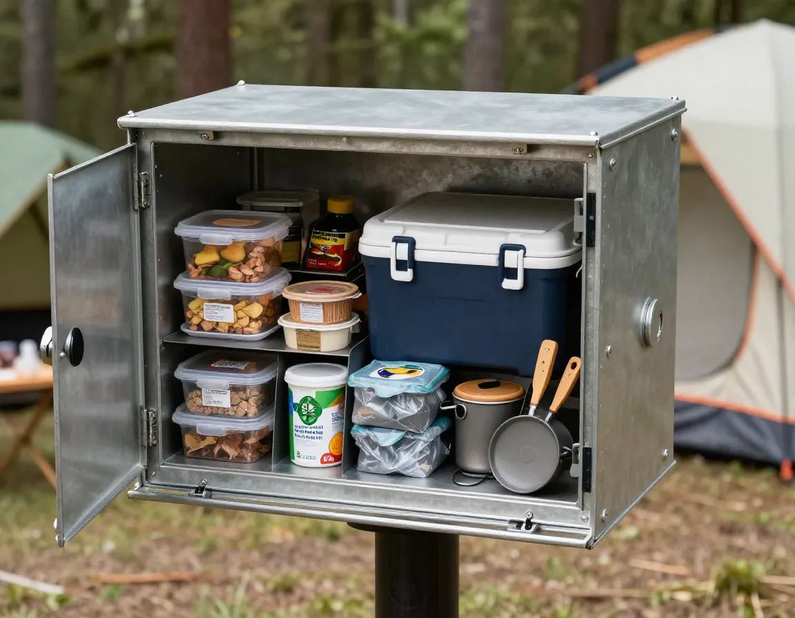Open bear box with neatly stored food and supplies