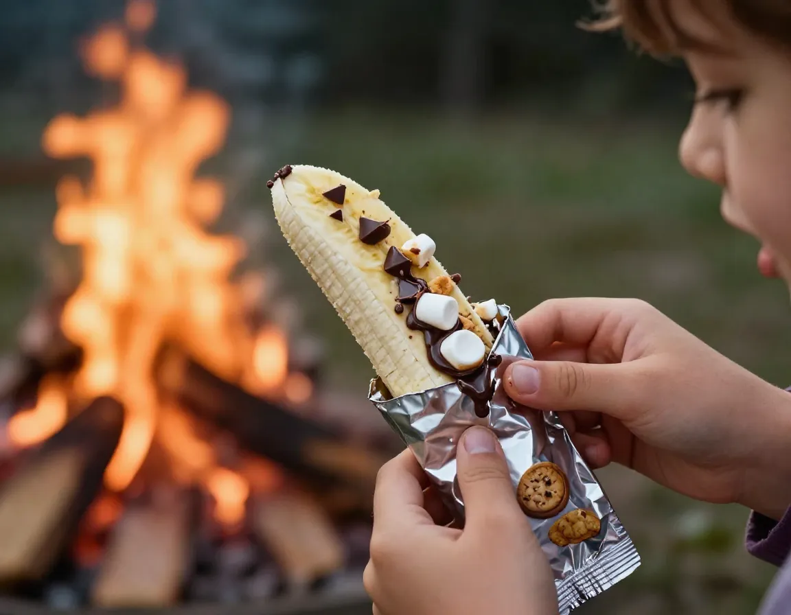 Banana chocolate marshmallow graham cracker dessert foil packet
