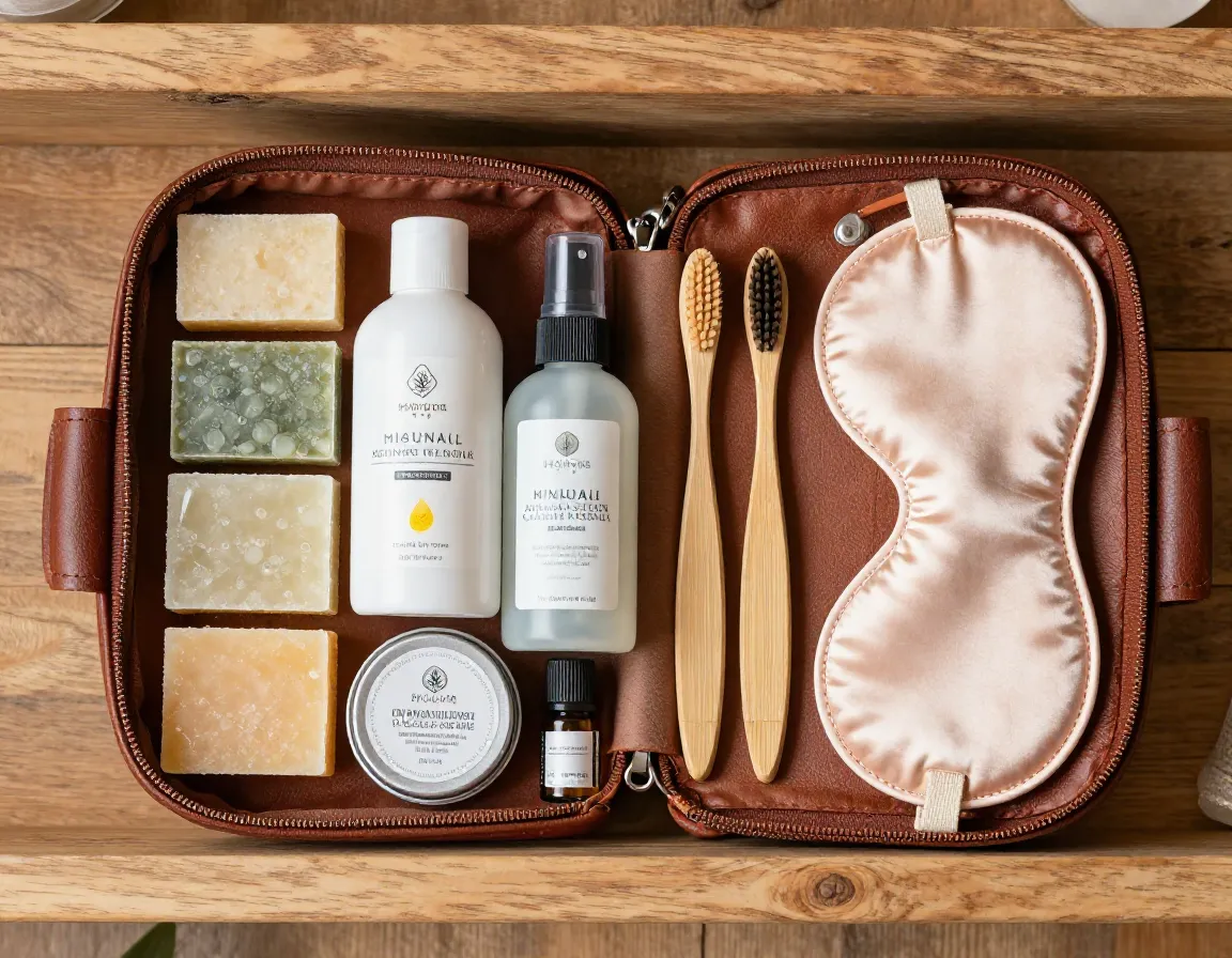 Leather dopp kit with sustainable toiletry items neatly organized
