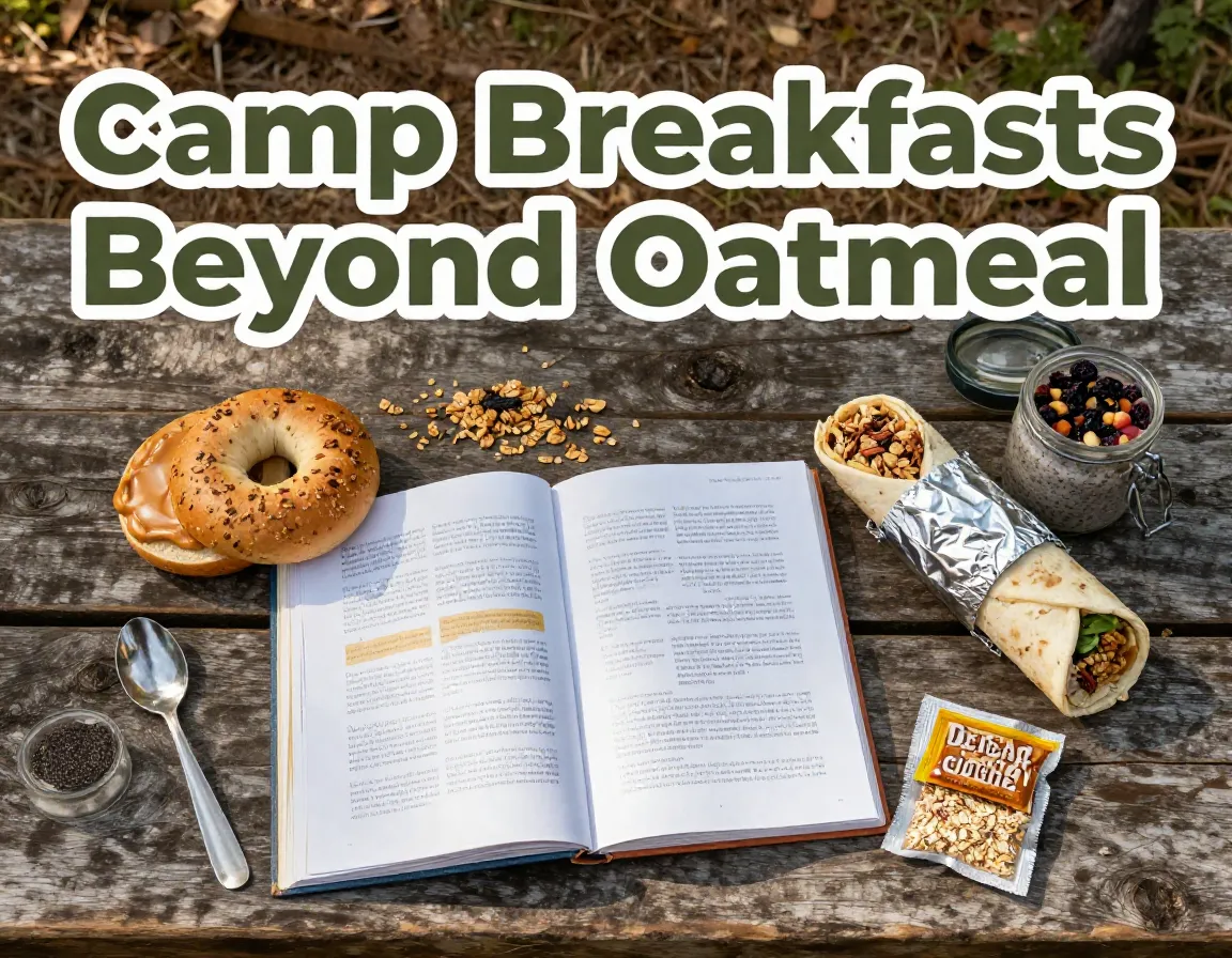 Overhead camp breakfast flat lay ingredients cookbook forest morning
