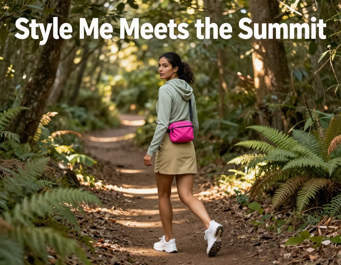 Stylish hiker forest trail khaki skort sage hoodie white trail runners