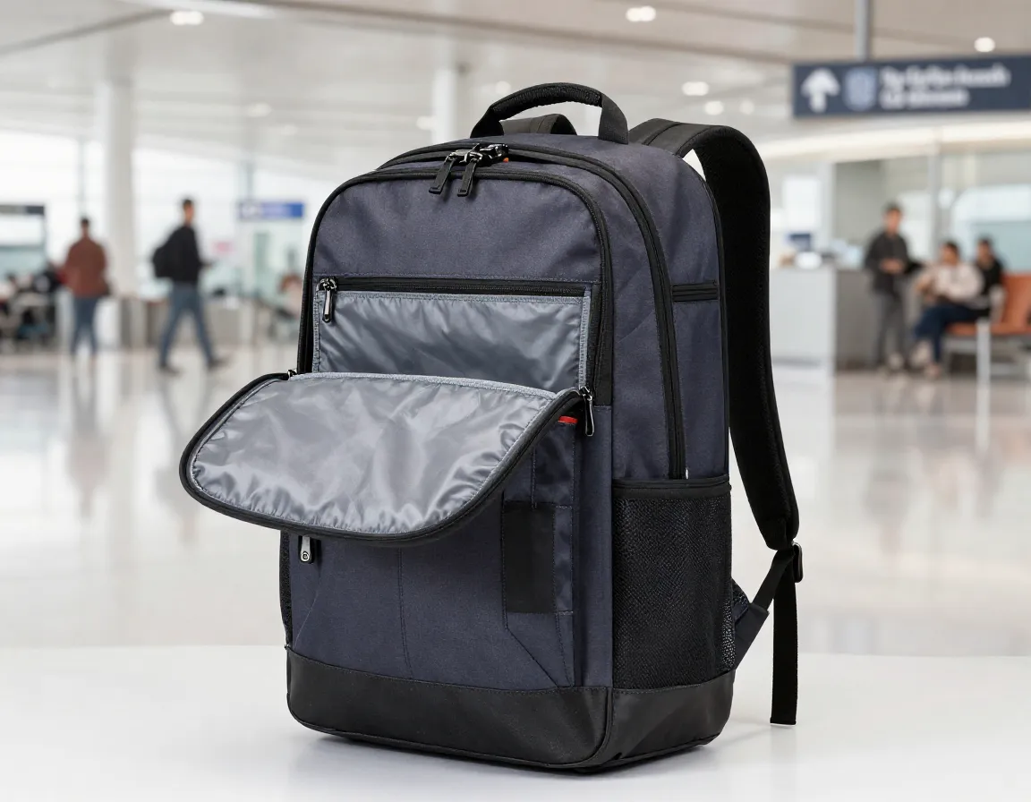 Carry on compatible travel backpack with clamshell opening in airport setting