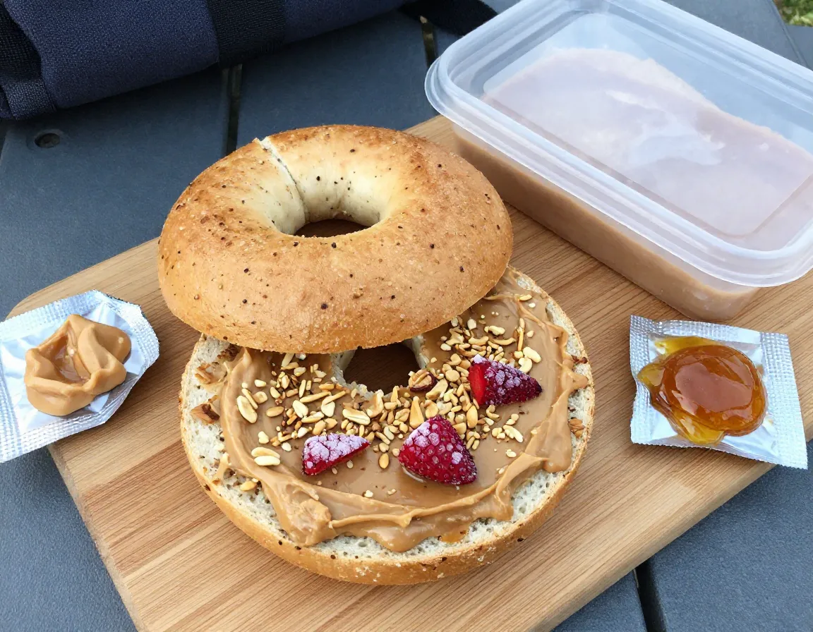 Durable bagel with peanut butter honey atop granola spread