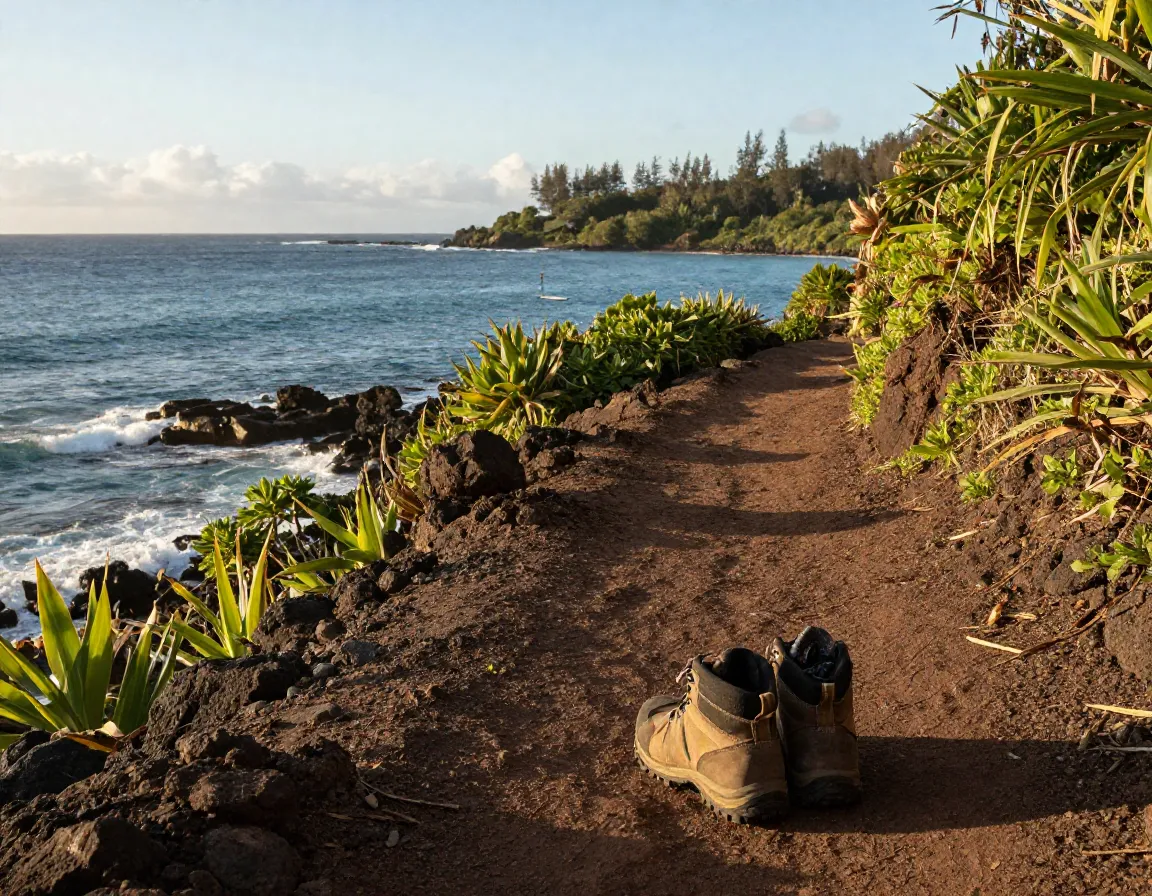 Private coastal trails luxury hiking boots on scenic shoreline pathway at hokulia