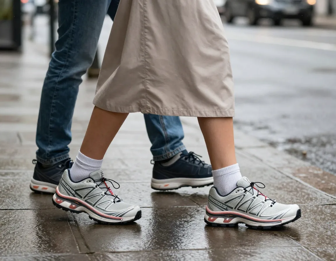 Salomon trail runners with midi skirt stylish neutral urban setting