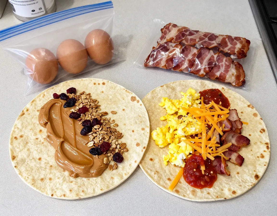 Sweet savory breakfast burrito fillings on tortilla