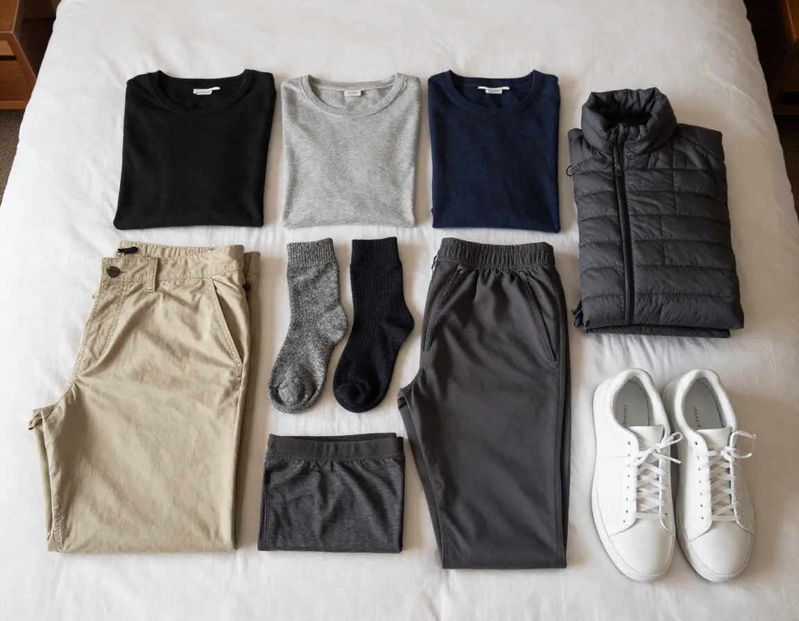 Versatile merino wool tshirts technical pants on hotel bed