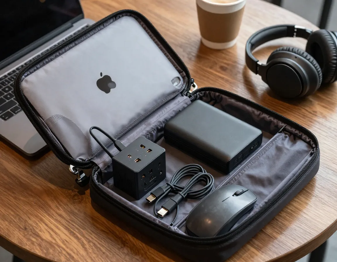 Organized tech pouch laptop travel adapter on cafe table