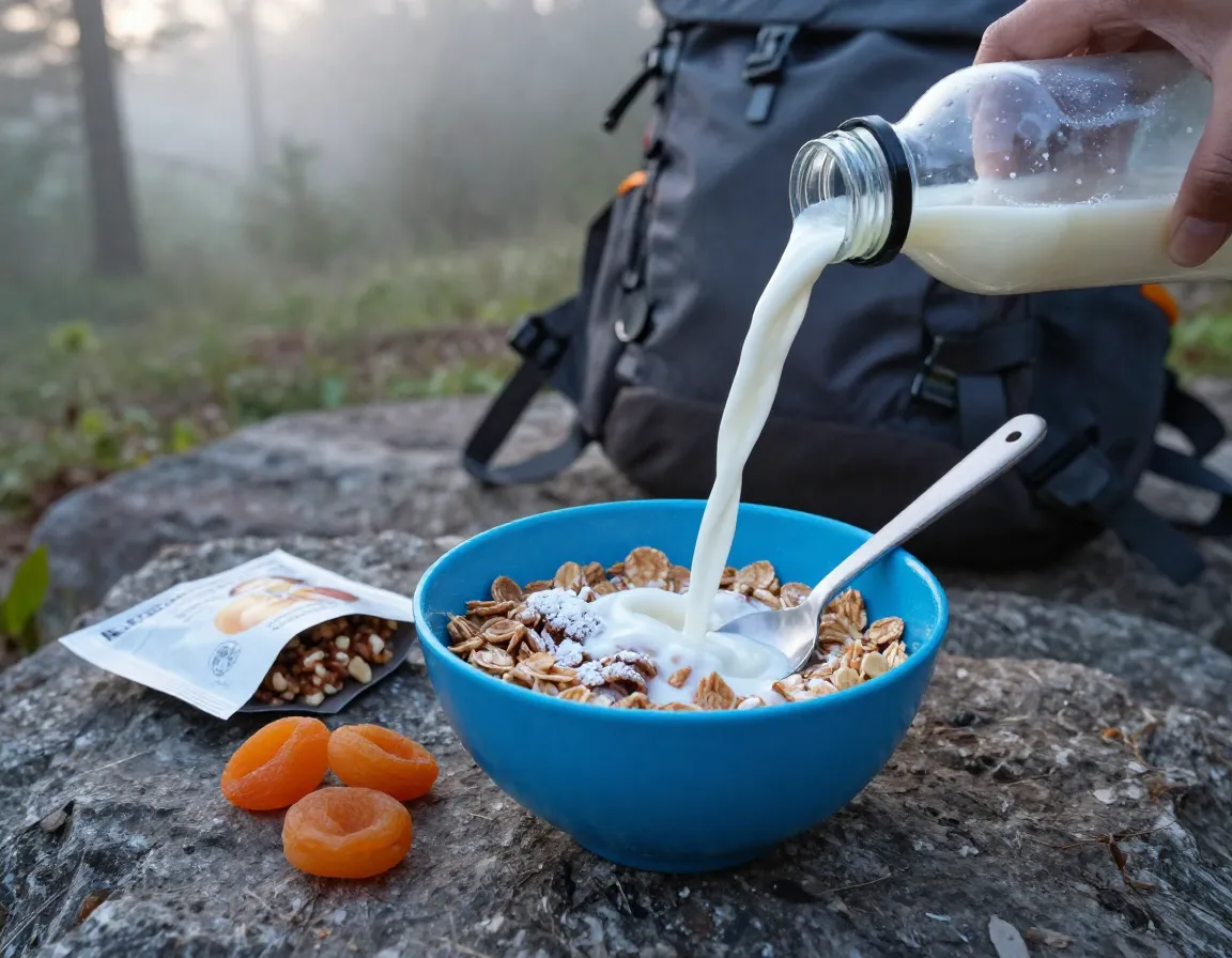 Cereal with powdered milk in camping bowl at dawn