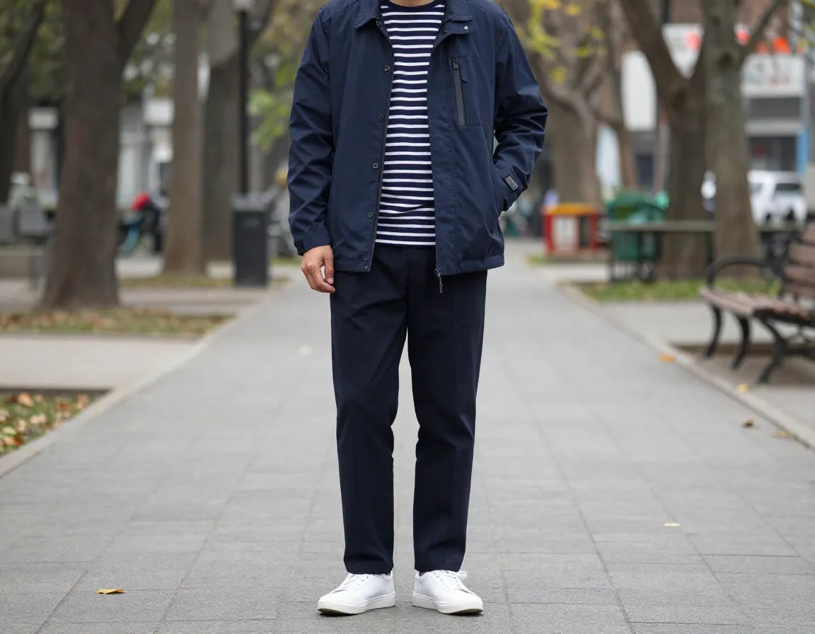 Technical jacket over striped shirt straight leg trousers outfit