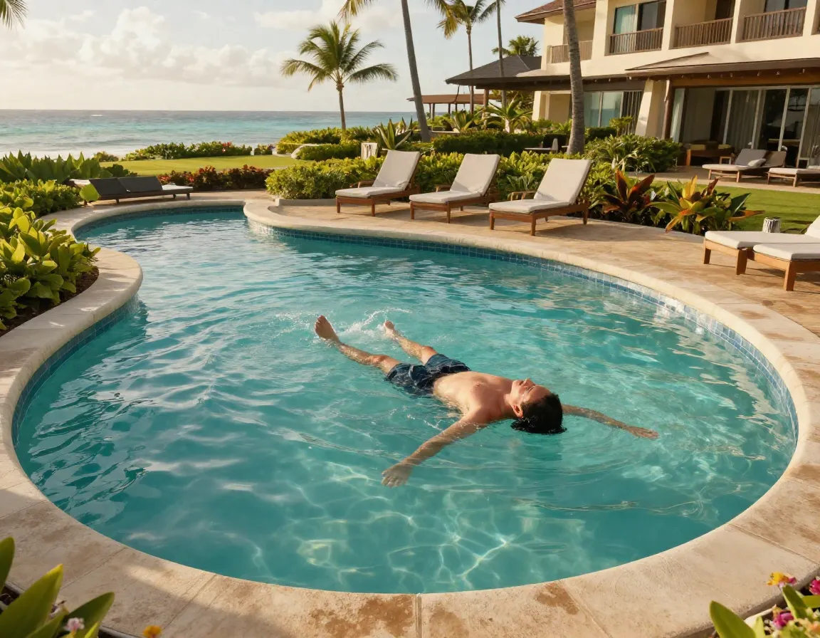 Affordable oceanfront resort with a guest using the saltwater lagoon