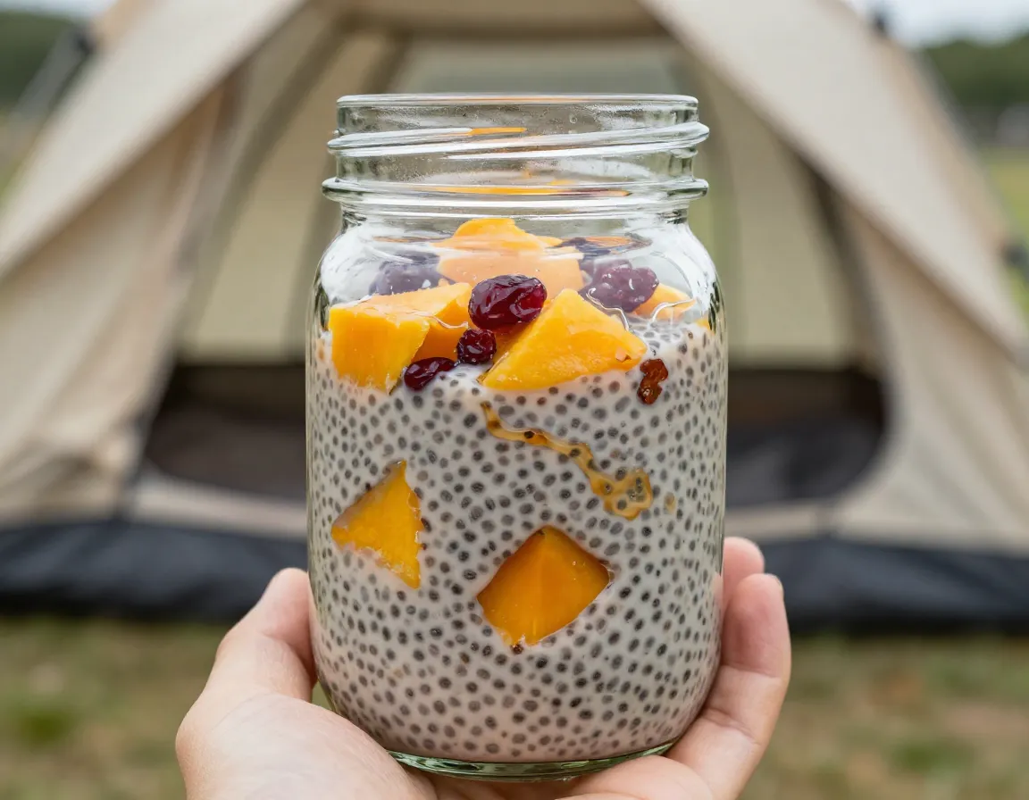 Chia pudding with dried mango in jar at campsite