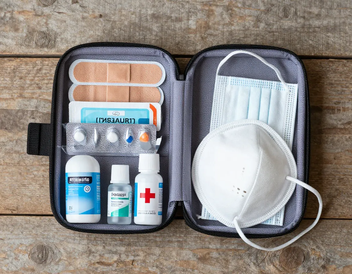 Compact first aid kit medications rustic wooden surface