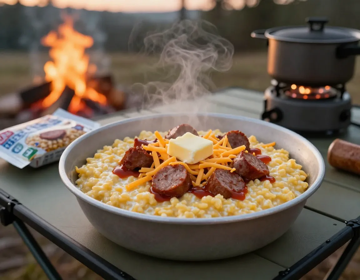 Grits sausage in bowl with cheese hot sauce