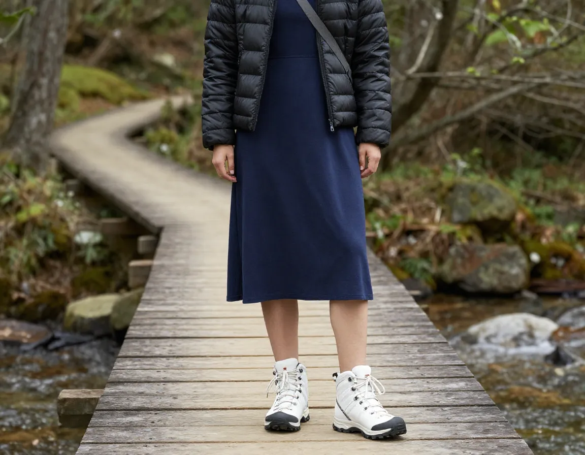 Midi dress with puffer jacket and white waterproof hiking boots