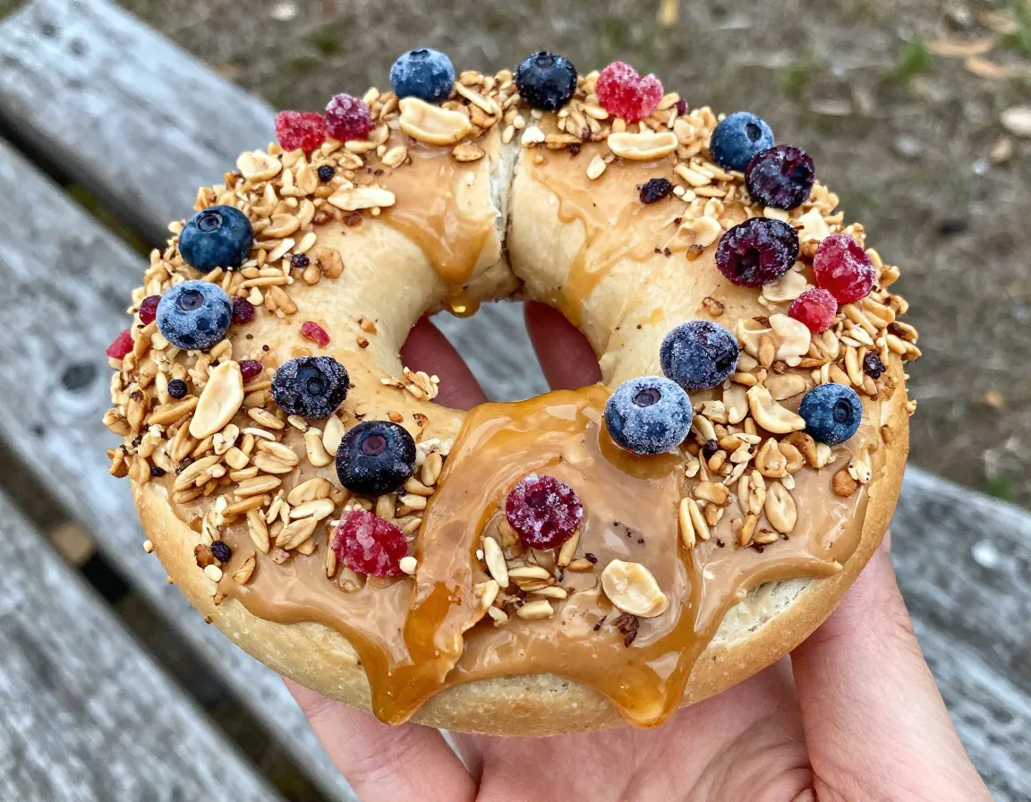 Peanut butter honey bagel granola freeze dried fruit
