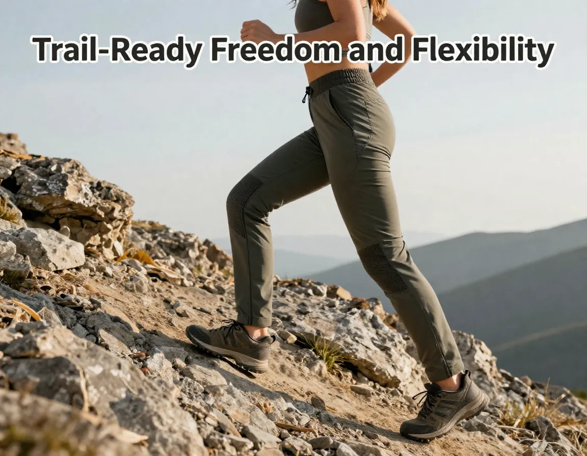 Woman hiking motion stretch pants rocky trail articulated knee detail