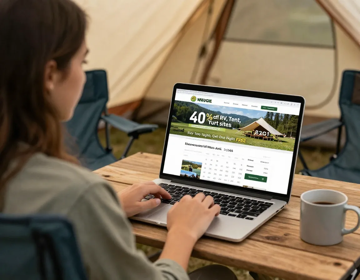 Camper woman viewing laptop website campground promotion discounts